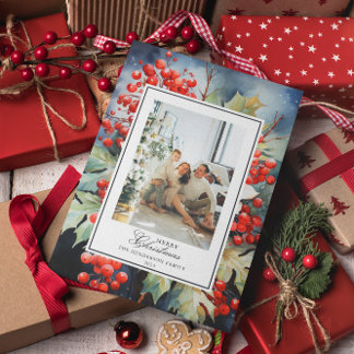 Winterberry Botanische Waterverf Kerstfoto Feestdagenkaart