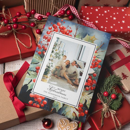 Winterberry Botanische Waterverf Kerstfoto Feestdagenkaart