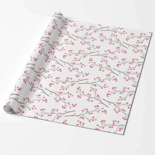 Winterberry Branch Red Berries Waterverf Holiday Cadeaupapier (Uitgerold)