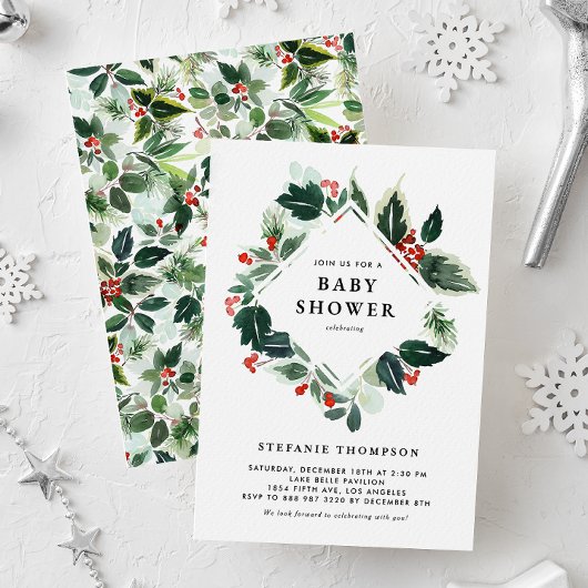 Winterberry en Holly Greenery Baby shower Kaart