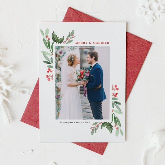 Winterberry en Holly Wedding Kerstfoto Feestdagenkaart