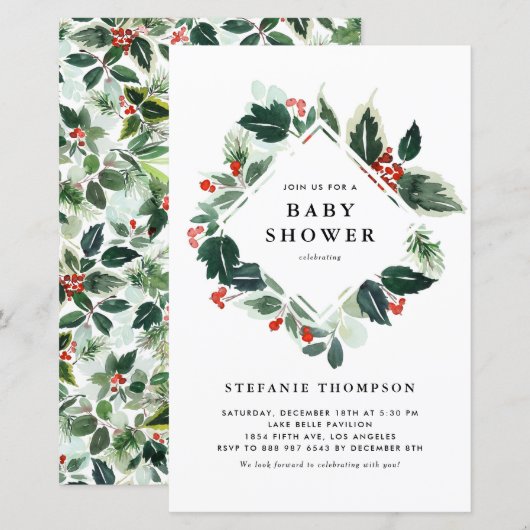 Winterberry Holly Greenery Baby shower uitnodiging (Voorkant / Achterkant)