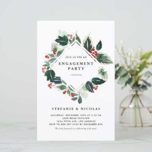 Winterberry Holly Greenery Verloving uitnodiging (Staand voorkant)