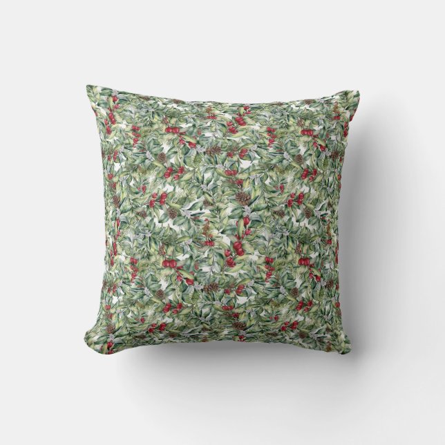 Winterberry Holly, rode bessen, dennenappels Kussen (Voorkant)