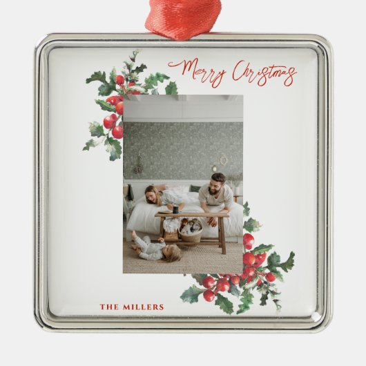 Winterberry Holly | Vrolijk kerstfeest | Familiefo Metalen Ornament (Voorkant)