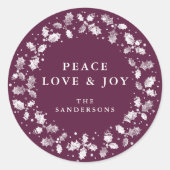 Winterberry Peace Love + Joy Holly Wreath Ronde Sticker (Voorkant)