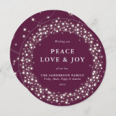 Winterberry Round Sparking Lights Peace Love+Joy Feestdagenkaart (Voorkant / Achterkant)