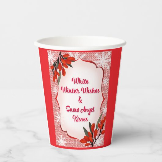 Winterberry White Winter Wishes Snow Angel Kisses  Papieren Bekers (Voorkant)