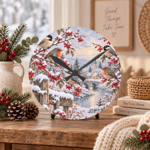 Winterbessen Besneeuwd Dorp Vogels Illustratie Ronde Klok