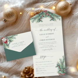 Winterbessen en dennen Waterverf groen bruiloft All In One Uitnodiging