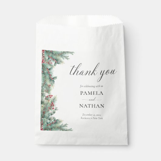 Winterbessen en dennen Waterverf groen bruiloft Bedankzakje (Voorkant)