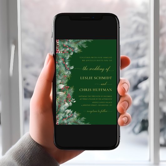 Winterbessen en dennen Waterverf groen bruiloft Folie Uitnodiging