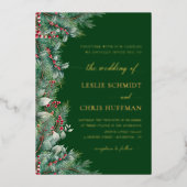 Winterbessen en dennen Waterverf groen bruiloft Folie Uitnodiging (Voorkant)