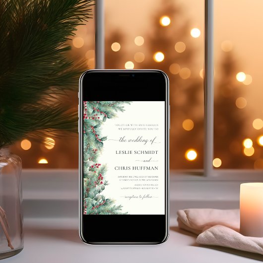 Winterbessen en dennen Waterverf groen bruiloft Kaart