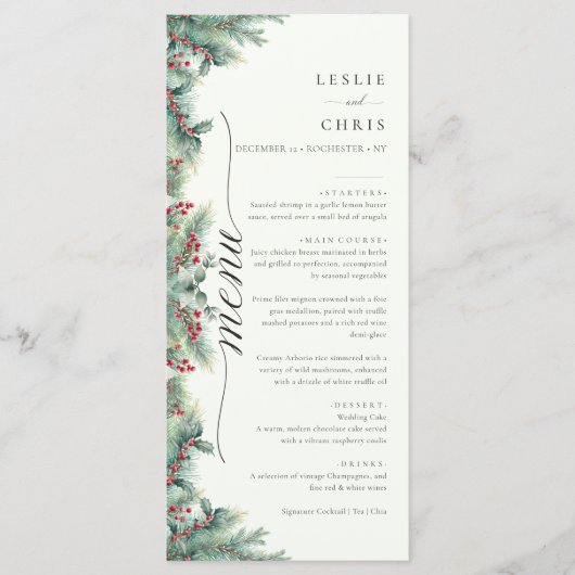 Winterbessen en dennen Waterverf groen bruiloft Menu (Voorkant)