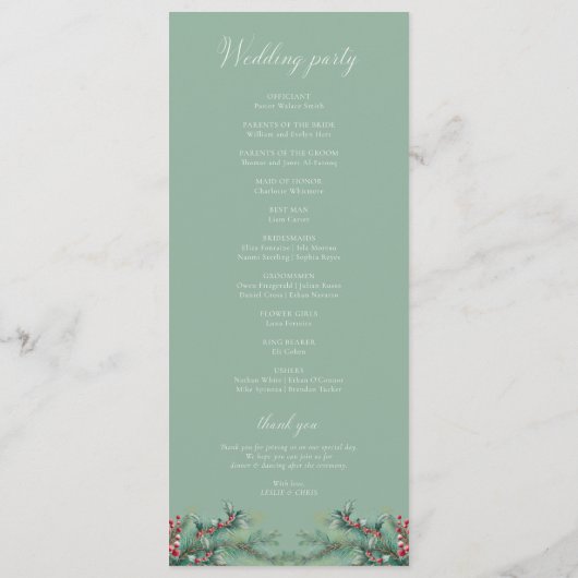 Winterbessen en dennen Waterverf groen bruiloft Programmakaart (Achterkant)
