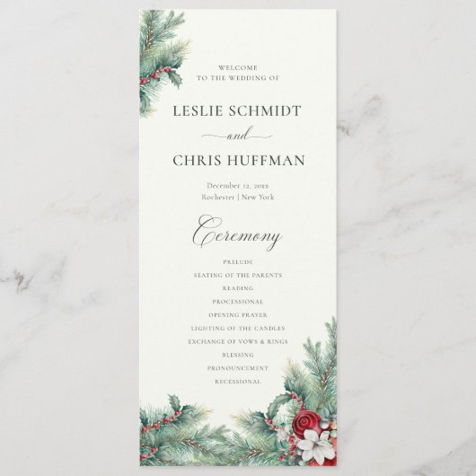 Winterbessen en dennen Waterverf groen bruiloft Programmakaart (Voorkant)