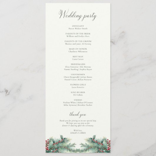 Winterbessen en dennen Waterverf groen bruiloft Programmakaart (Achterkant)