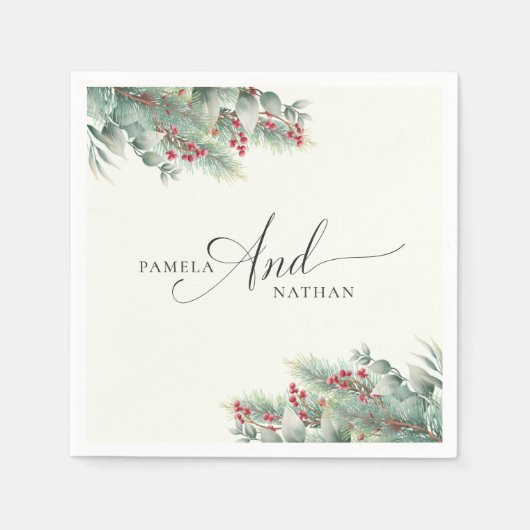 Winterbessen en dennen Waterverf groen bruiloft Servet (Voorkant)