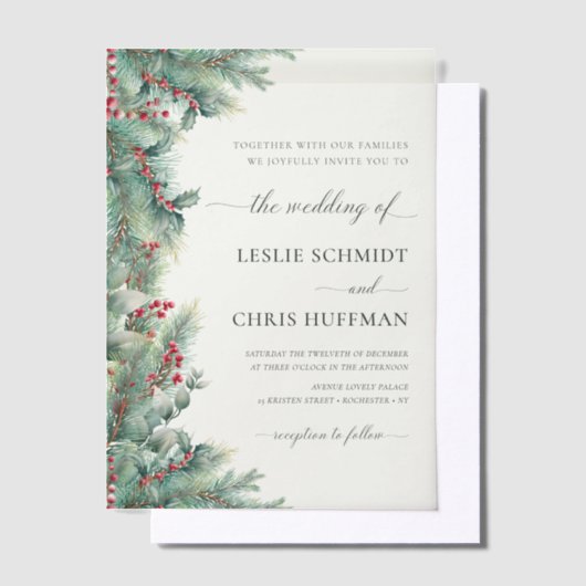 Winterbessen en dennen Waterverf groen bruiloft Vellum Uitnodigingen (Offset)