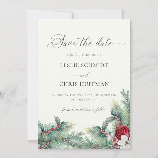 Winterbessen en dennen Waterverf groen Foto Save The Date (Voorkant)