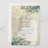 Winterbessen en dennen Waterverf groen Foto Save The Date (Voorkant)