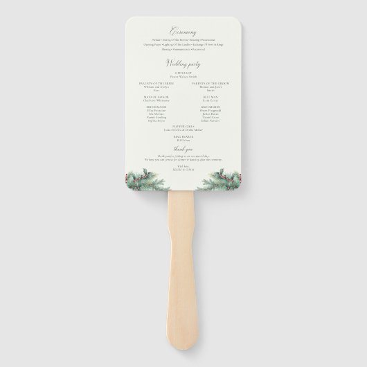 Winterbessen en groenblijvende dennen trouwprogram handwaaier (Achterkant)