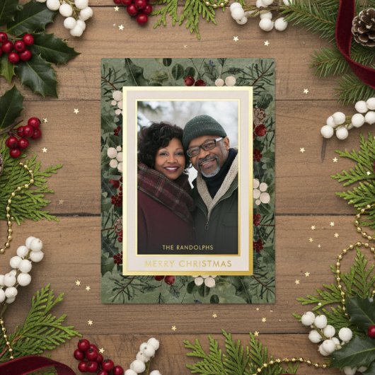 Winterbessen Groene Vrolijke Kerstfoto Folie Feestdagenkaart