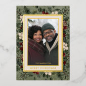 Winterbessen Groene Vrolijke Kerstfoto Folie Feestdagenkaart (Voorkant)