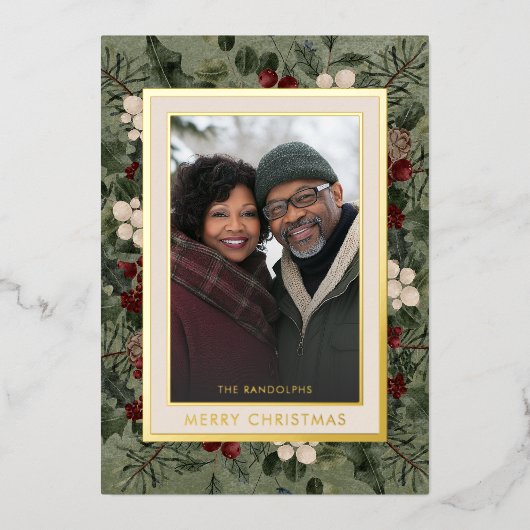Winterbessen Groene Vrolijke Kerstfoto Folie Feestdagenkaart (Voorkant)
