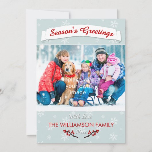 Winterbessen IJsblauw met Sneeuwvlokken & Foto Feestdagenkaart (Voorkant)