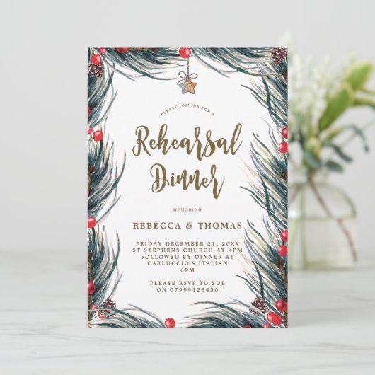 Winterbessen Pine Repetitie Diner Uitnodiging (Staand voorkant)