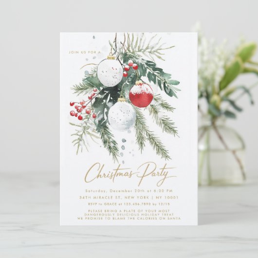 Winterbessen Rode Witte Ornamenten Kerstfeest Kaart (Staand voorkant)