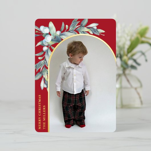 Winterbessen Rood Gebogen Foto Folie Feestdagenkaart (Staand Voorkant)