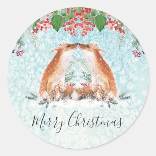 Winterbessen Woodland Fox Merry Christmas Classi Ronde Sticker (Voorkant)