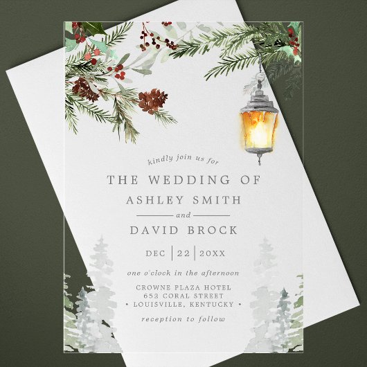 Winterbijtbomen botanische lantaarns acryl uitnodigingen