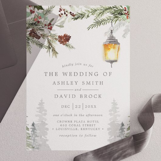 Winterbijtbomen botanische lantaarns vellum uitnodigingen