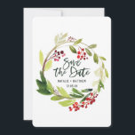 Winterbladerblad met de datumkaart save the date<br><div class="desc">Waterverf in de winter,  rood en groen,  behalve de datumkaart. Met mooie moderne scripttekst en trendmatige waterverven. Een deel van een collectie.</div>