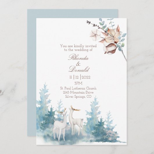 Winterbladeren en herten Waterverf Blauw Bruiloft Kaart (Voorkant / Achterkant)