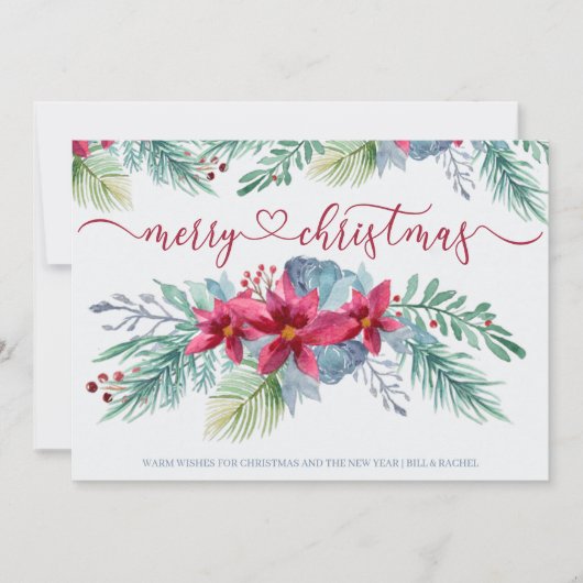 Winterbladeren en Poinsettia Waterverf Kerst Feestdagenkaart (Voorkant)
