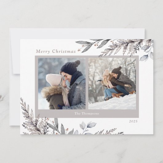 Winterbladeren & lentes Waterverf 2 foto's Feestdagenkaart (Voorkant)
