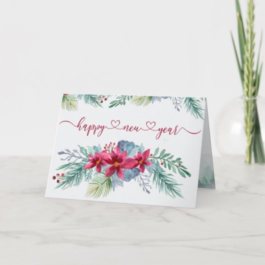 Winterbladeren Poinsettia Waterverf Nieuwjaar Feestdagen Kaart (Voorkant)