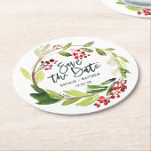 Winterbladeren slaan de datum op ronde kartonnen onderzetter (Gebogen)