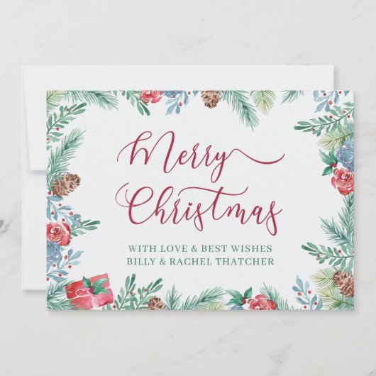 Winterbladerwerk en dennenappelgrens feestdagenkaart (Voorkant)