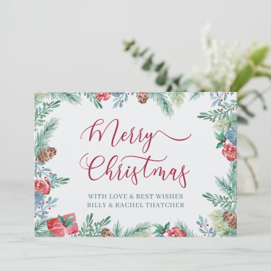 Winterbladerwerk en dennenappelgrens feestdagenkaart (Staand voorkant)