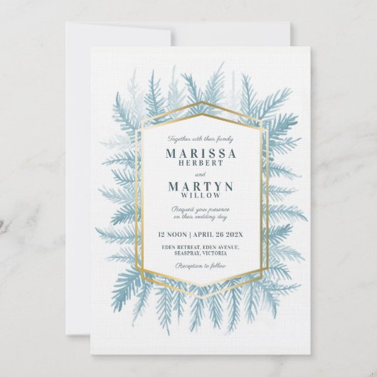 Winterbladgroen waterverf blauwe bruiloft kaart (Voorkant)