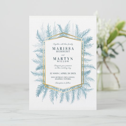 Winterbladgroen waterverf blauwe bruiloft kaart (Staand voorkant)