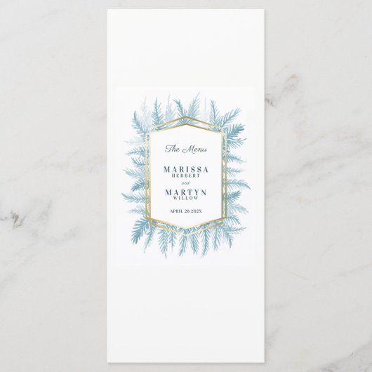 Winterbladgroen waterverf blauwe bruiloft menu (Voorkant)