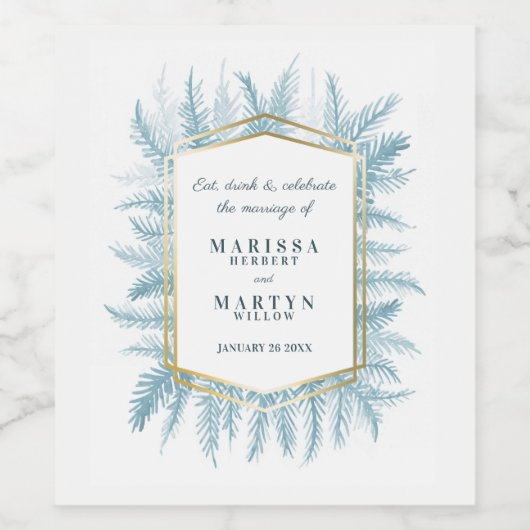 Winterbladgroen waterverf blauwe bruiloft wijn etiket (Enkel label)