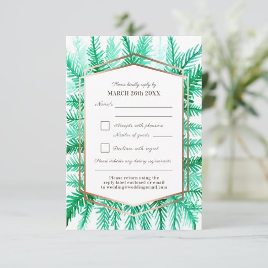 Winterbladgroen waterverf groene bruiloft RSVP kaartje (Staand voorkant)